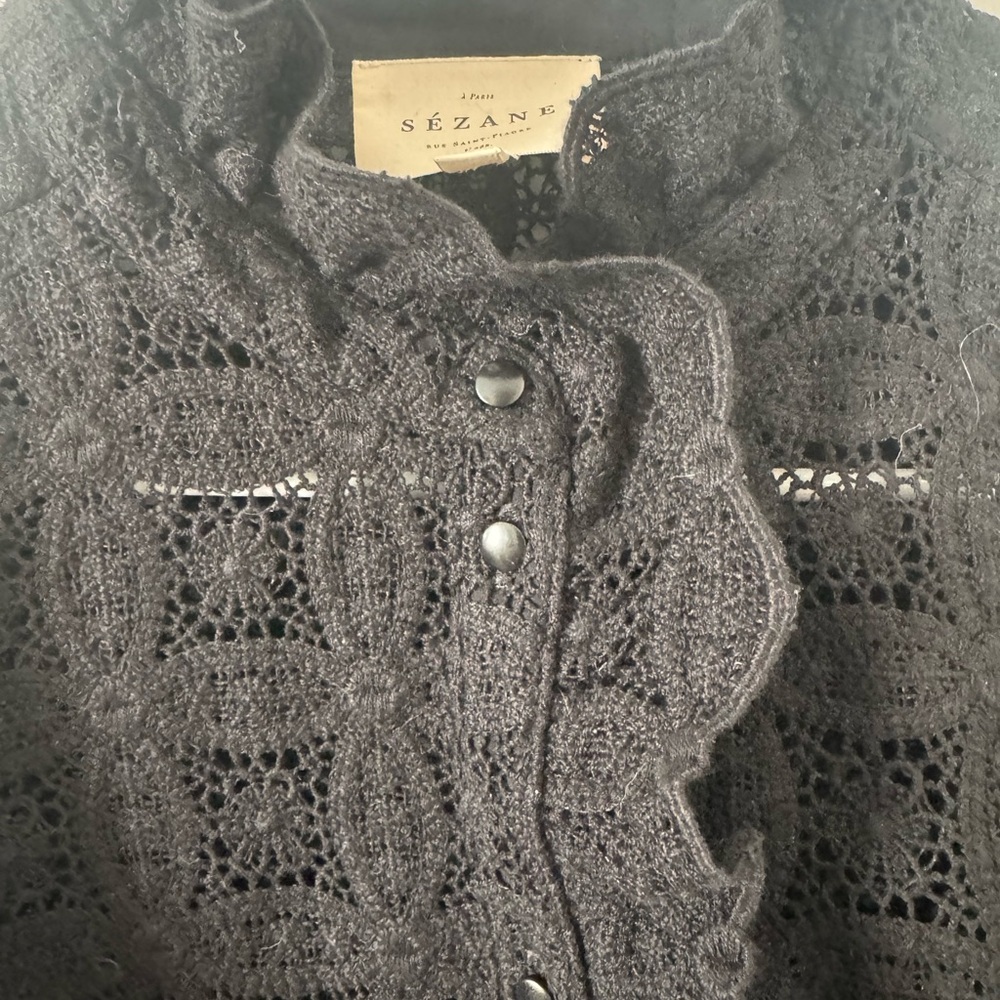 Sezane Chlo Black Guipure Lace Crochet Ruffle Button-Up Blouse Sz 38 - Picture 8 of 8